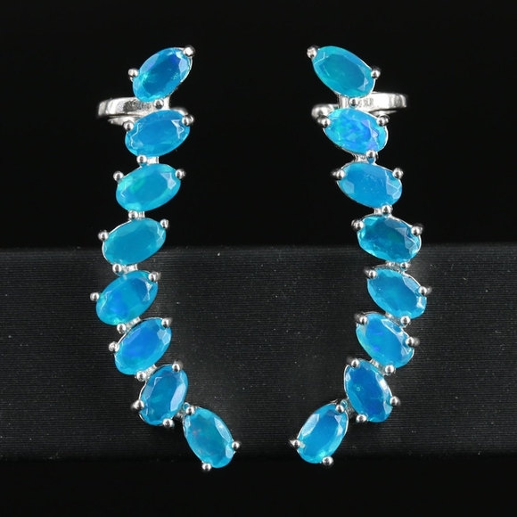 Genuine Opal .925 Sterling Silver Ear Climbers - Picture 1 of 4